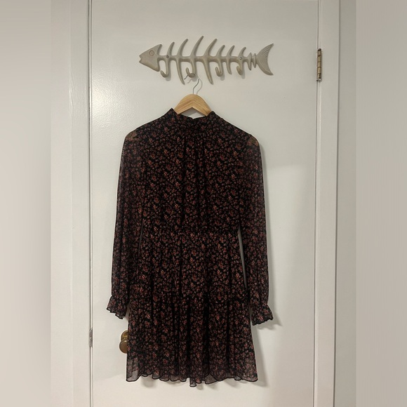 Pink/Black Flower Flowy a Turtle Neck Long Sleeve Dress - Picture 2 of 5